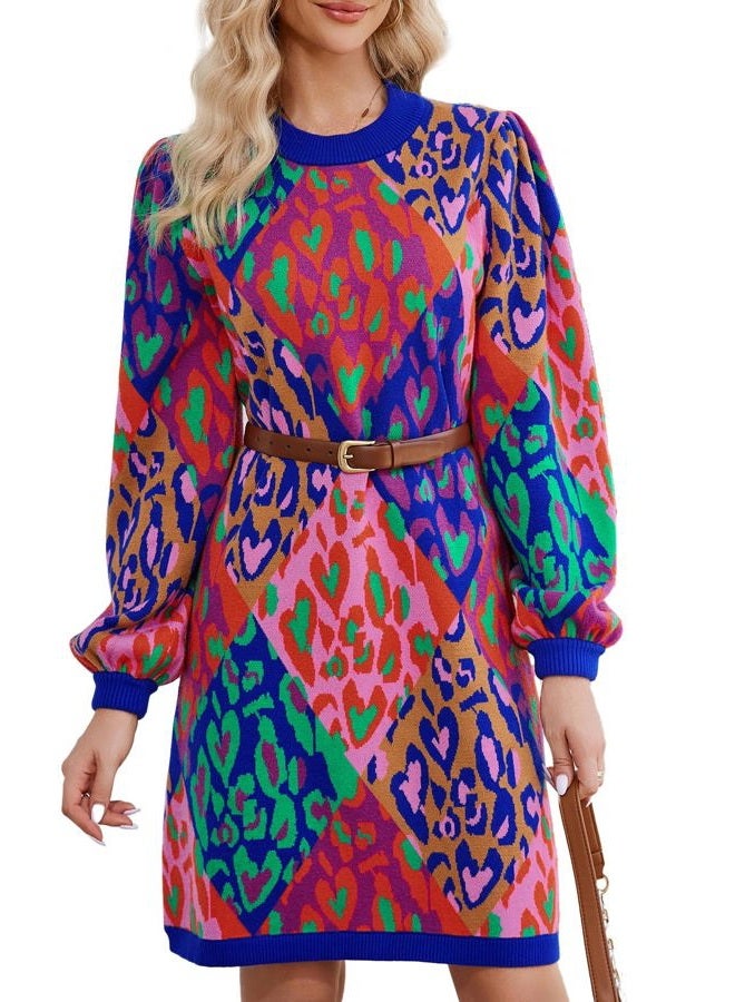 Kedera Mixed Leopard Pop Sweater Dress for Women Colorblock Balloon Sleeve Old Money Knit Sweater Tops, Red, L - Image 1