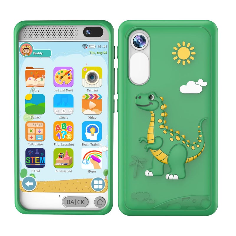 E teacher Kids Phone for Boys Dinosaurs Gift Toys with 397 Touchscreen Phone Learning Music PuzzleGames Toddler Phone for Ages 312 Kids Toys Play Cell Phones with Dual Camera 8G SD Card Green - Image 3