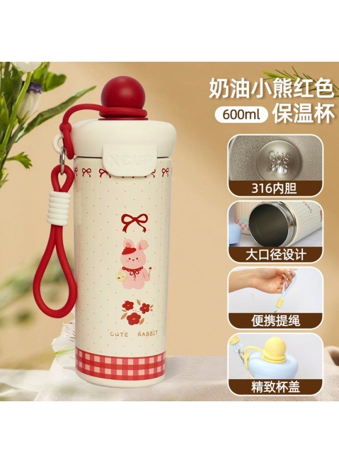 316 Stainless Steel Floating Straw Insulated Cup For Women, Outdoor Portable With Strap, Cute Cartoon Water Bottle For Travel