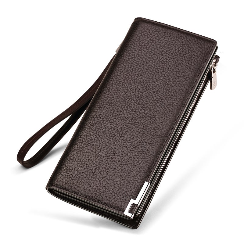 Premium Leather Mens Wallet Long Clutch Coffee arm strap