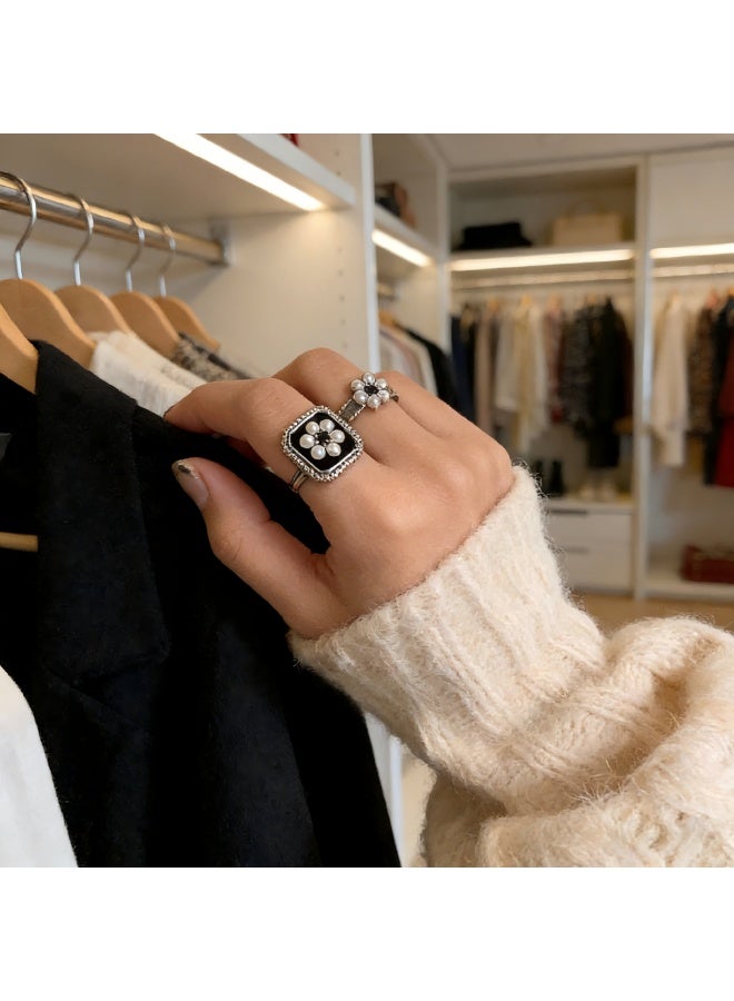 Vintage Pearl Flower Ring Square Signet Ring Black Square Ring Pearl Floral Ring Square Bang Ring Adjustable Pearl Finger Ring Jewelry for Women - Image 5