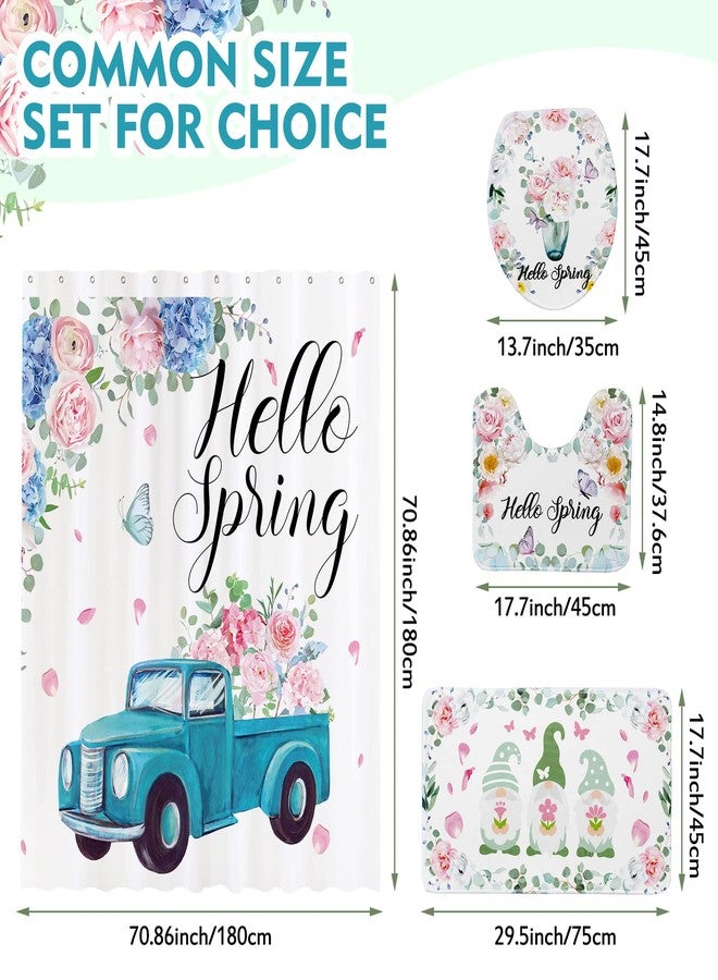 Rtteri 4 Pcs Hello Spring Truck Shower Curtain Bathroom Set Easter Spring Floral Shower Curtain with 12 Hooks Gnome Non Slip Rug Toilet Lid Cover and U Shaped Mat Waterproof Bathroom Accessories Decor - Image 2