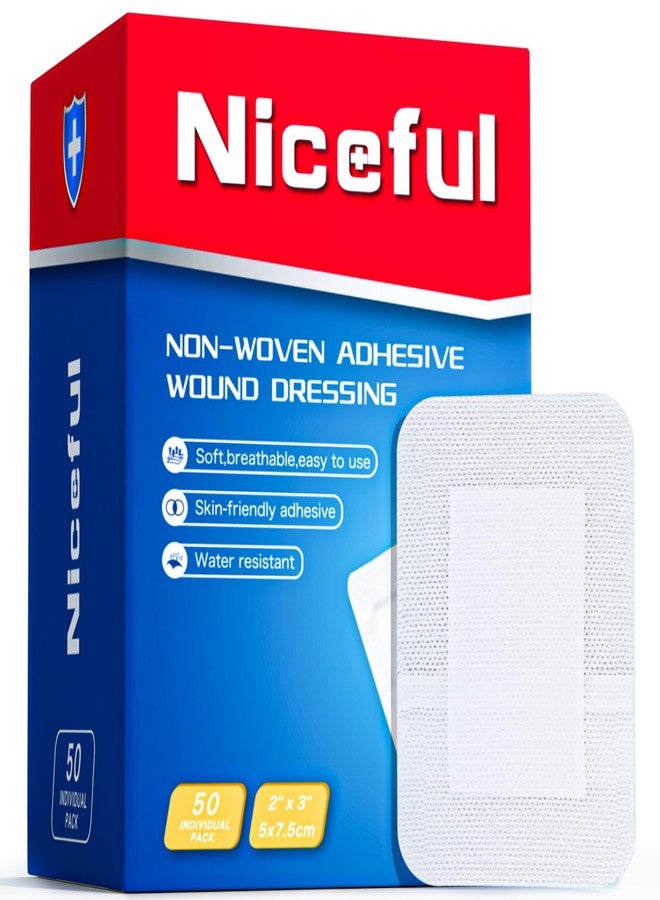Niceful 50Pcs Adhesive Gauze Island Dressing 2"x3", Water-Resistant Wound Dressing, Sterile & Absorbent Medical Grade Dressing Pad First Aid Dressing Pads - Image 1