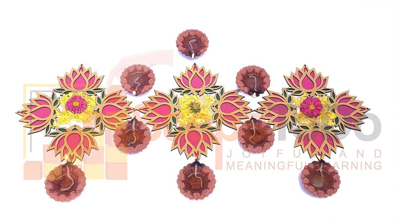 StepsToDo StepsToDo Lotus Flower Wooden Cutout Set of 12 Each Lotus in 3 color Golden Rose Pink and Green Festive DIY Craft Material Kit Decoration for Diwali Dashera For Pooja Festival Wedding Gift  - Image 5