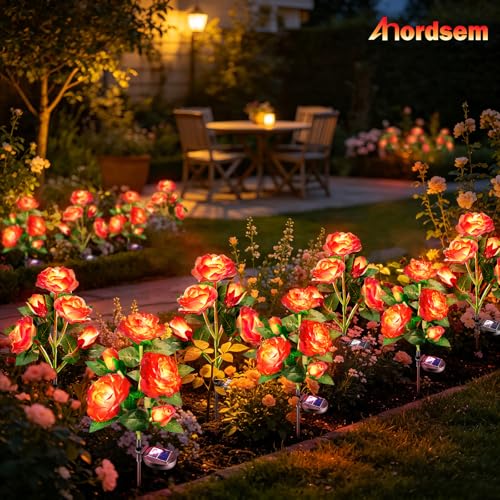 Anordsem Solar Garden Lights Outdoor: 10 Waterproof Fabric Roses 2 Pack - Red LED Flower Decorations for Yard Patio Path Cemetery Grave - Mother 's Day Gift for Her Women Mom Wife - Image 4