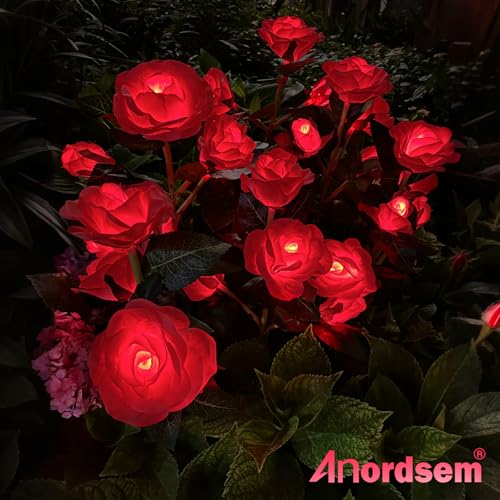 Anordsem Solar Garden Lights Outdoor: 10 Waterproof Fabric Roses 2 Pack - Red LED Flower Decorations for Yard Patio Path Cemetery Grave - Mother 's Day Gift for Her Women Mom Wife - Image 3