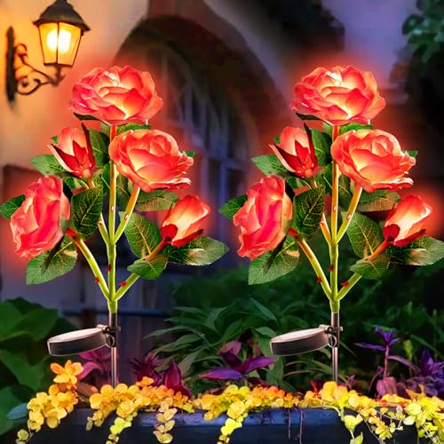 Anordsem Solar Garden Lights Outdoor: 10 Waterproof Fabric Roses 2 Pack - Red LED Flower Decorations for Yard Patio Path Cemetery Grave - Mother 's Day Gift for Her Women Mom Wife - Image 1