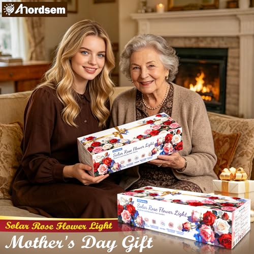 Anordsem Solar Garden Lights Outdoor: 10 Waterproof Fabric Roses 2 Pack - Red LED Flower Decorations for Yard Patio Path Cemetery Grave - Mother 's Day Gift for Her Women Mom Wife - Image 2