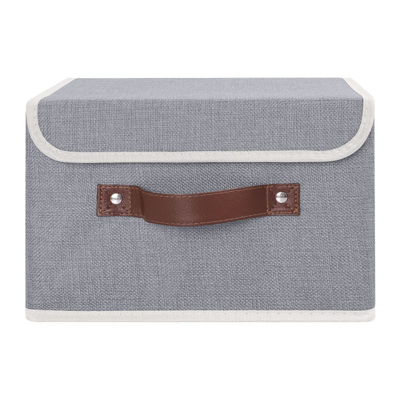 Anminy Storage Bin With Lid Storage Boxes With Pu Leather Handles Pp Plastic Board Decorative Foldable Lidded Cotton Linen Fabric Home Cubes Baskets Closet Organizer Container - Gray  Small Size - Image 2
