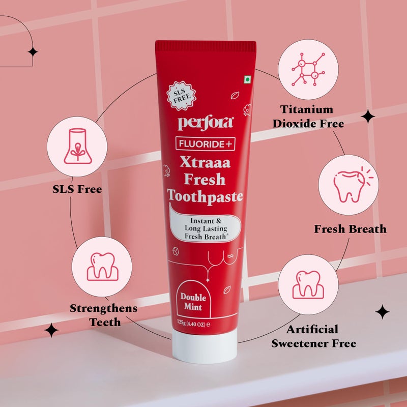 Perfora Xtraaa Fresh Toothpaste - 250g (125g x 2) | SLS-Free with Sodium Fluoride for Strong Teeth | Enamel Safe Toothpaste for Kids & Adults | Long Lasting Freshness | Double Mint | Pack Of 2 - Image 2
