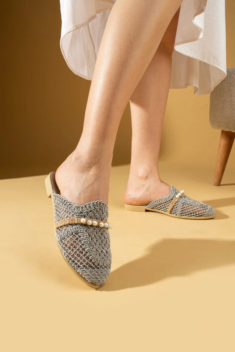 Pembe Potin Pink Potin Knitted Pattern Lace Pearl Stone Women's Slippers 001-3-24