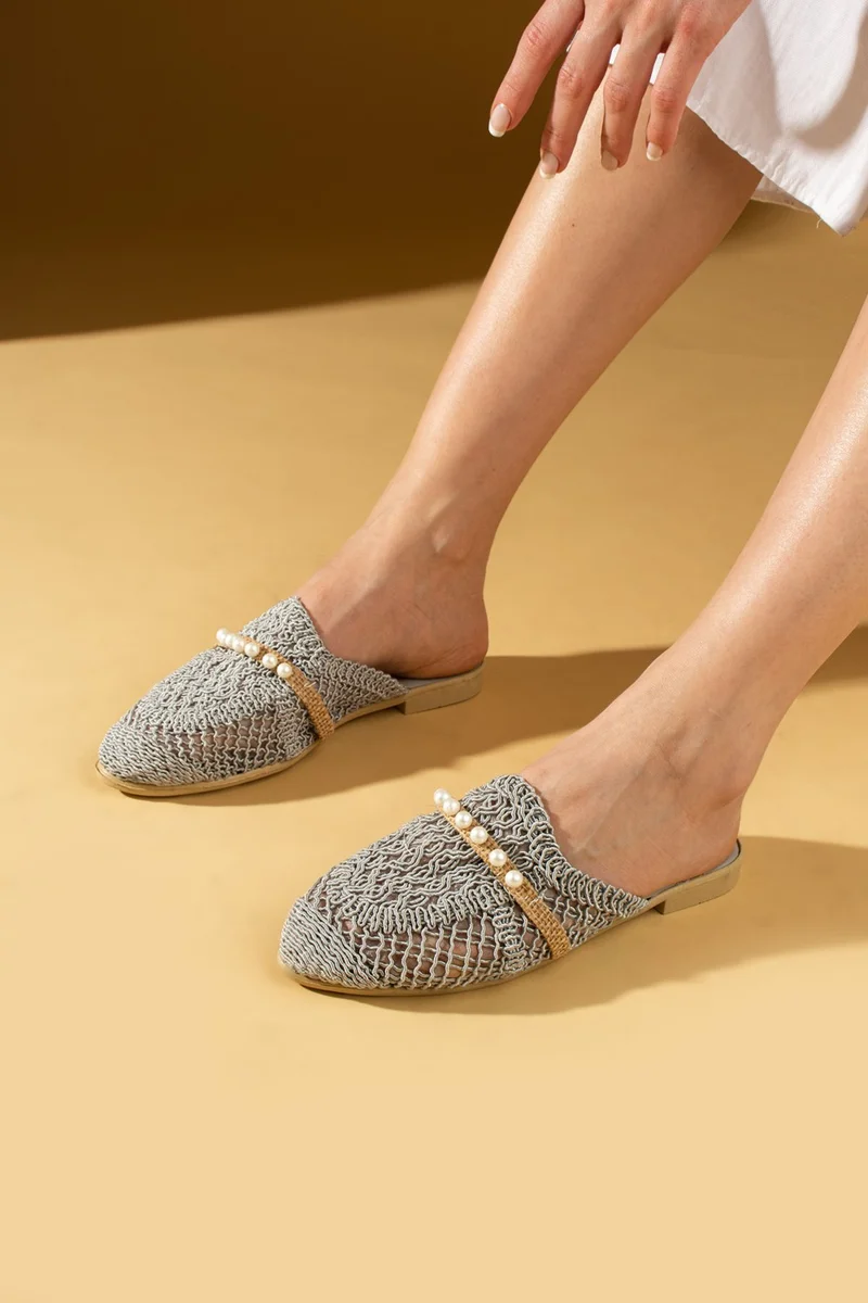 Pembe Potin Pink Potin Knitted Pattern Lace Pearl Stone Women's Slippers 001-3-24