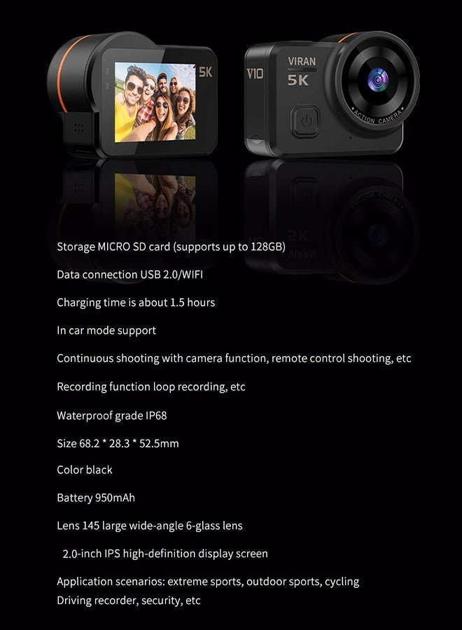 VIRAN V10 Action Camera, 5K/30FPS, 4K/60FPS Video, 12MP, 1/3-inch Sensor, 145° Ultra-Wide Angle, Touch Screen, 2.5H Battery, Live Charging Support​ - Image 3