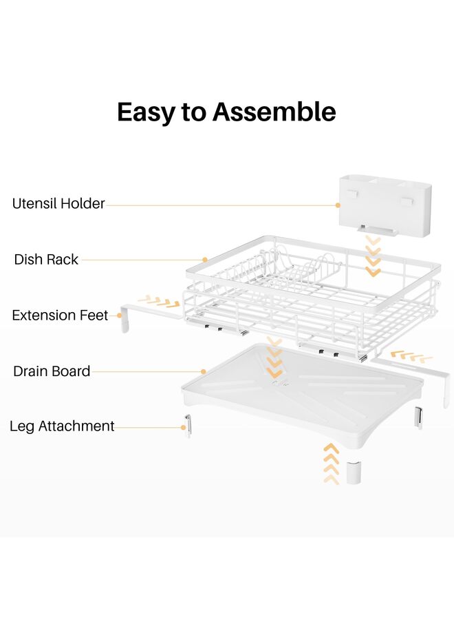 Dish Drying Rack - Extendable Dish Rack, Large Sink Drying Dish Drainer for Kitchen Counter, Stainless Steel Dish Strainer with Utensil Holder (White) - Image 2