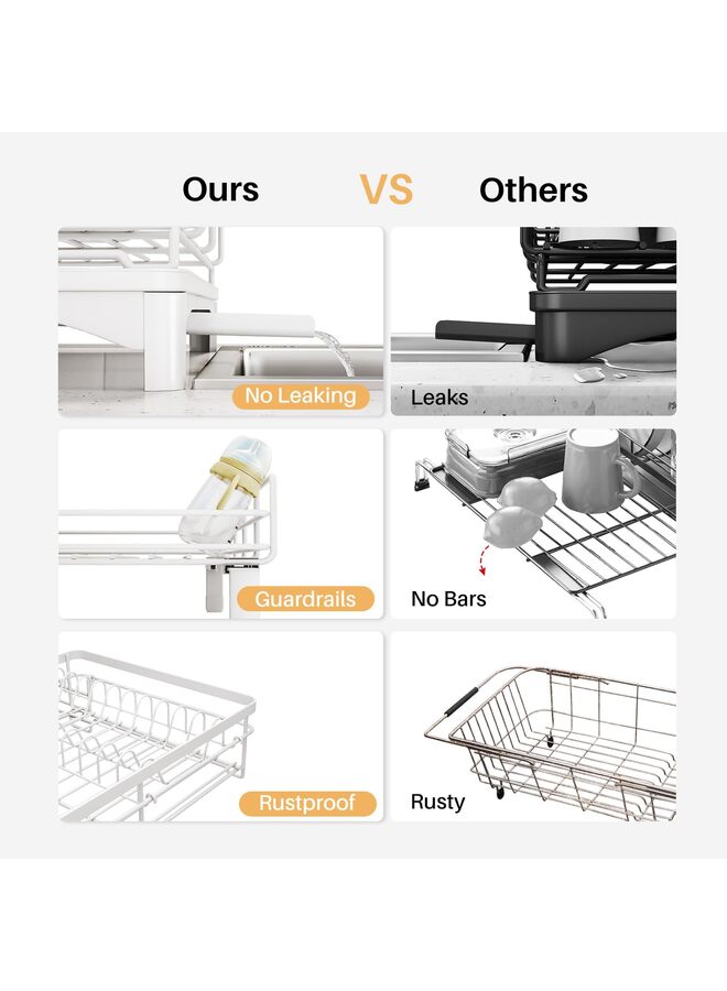 Dish Drying Rack - Extendable Dish Rack, Large Sink Drying Dish Drainer for Kitchen Counter, Stainless Steel Dish Strainer with Utensil Holder (White) - Image 3
