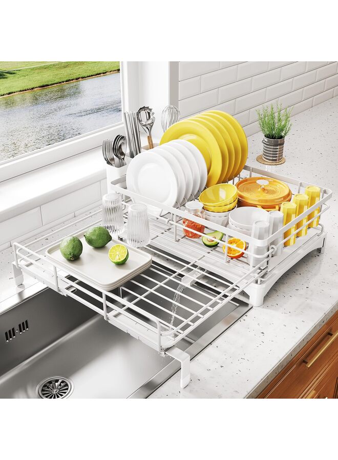 Dish Drying Rack - Extendable Dish Rack, Large Sink Drying Dish Drainer for Kitchen Counter, Stainless Steel Dish Strainer with Utensil Holder (White) - Image 1