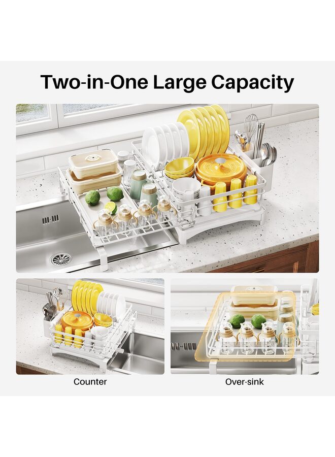 Dish Drying Rack - Extendable Dish Rack, Large Sink Drying Dish Drainer for Kitchen Counter, Stainless Steel Dish Strainer with Utensil Holder (White) - Image 5