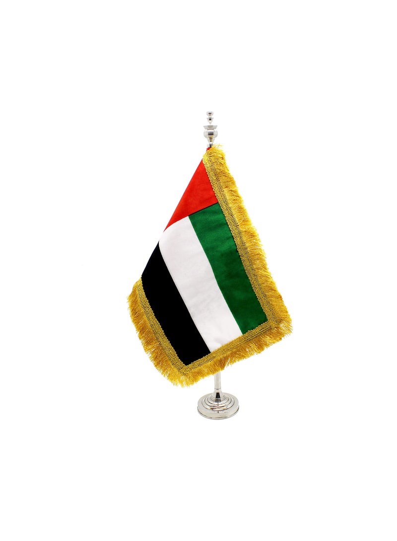 ماركة غير محددة حامل علم دولة الإمارات العربية المتحدة - حامل عمود أعلام معدني صغير - حامل سارية علم متين للمكتب أو المنزل أو المكتب أو المناسبات لتزيين طاولة المؤتمرات - حامل علم فضي للمدارس  - Image 1
