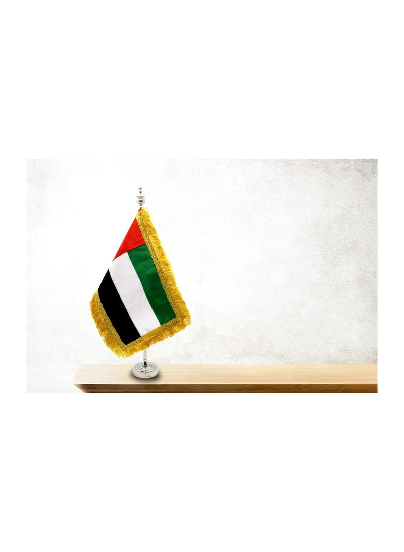 حامل علم دولة الإمارات العربية المتحدة - حامل عمود أعلام معدني صغير - حامل سارية علم متين للمكتب أو المنزل أو المكتب أو المناسبات لتزيين طاولة المؤتمرات - حامل علم فضي للمدارس