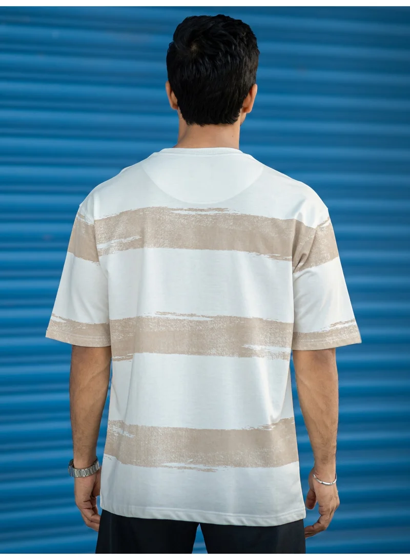 Maniac  Mens Striped Round Neck 3/4th Sleeve Half White and Dusty Pink Cotton T-Shirt for Men | Best Price UAE