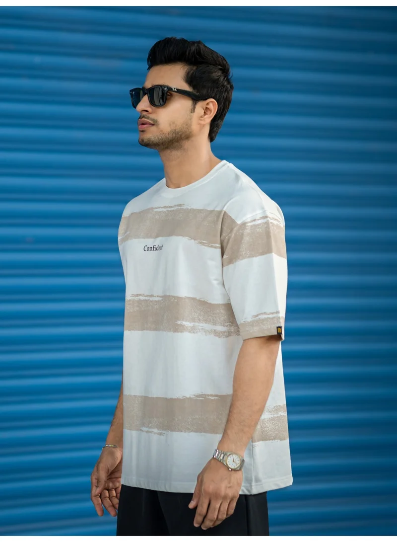 Maniac  Mens Striped Round Neck 3/4th Sleeve Half White and Dusty Pink Cotton T-Shirt for Men | Best Price UAE