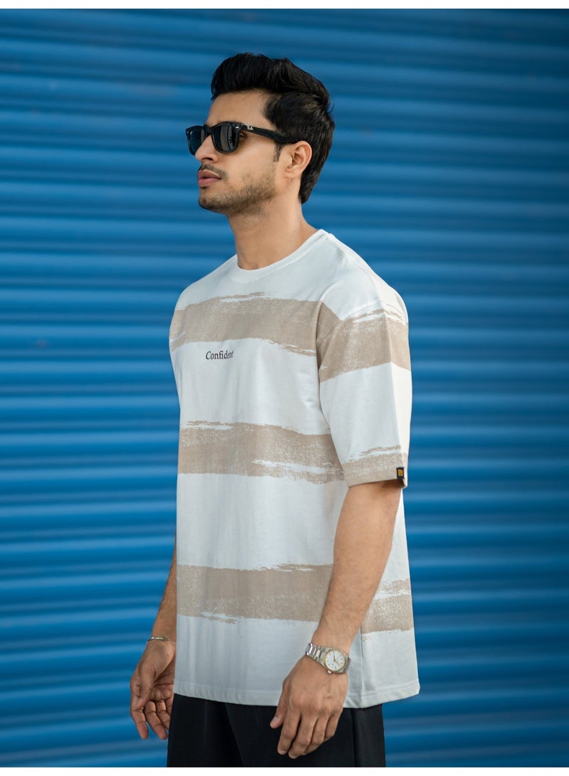 Maniac Mens Striped Round Neck 3/4th Sleeve Half White and Dusty Pink Cotton T-Shirt - Image 3