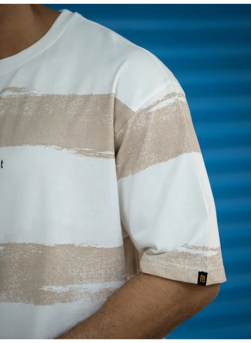 Maniac  Mens Striped Round Neck 3/4th Sleeve Half White and Dusty Pink Cotton T-Shirt for Men | Best Price UAE