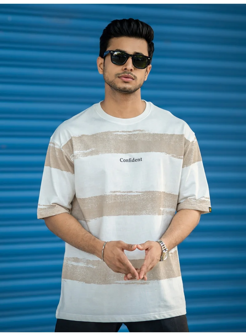 Maniac Mens Striped Round Neck 3/4th Sleeve Half White and Dusty Pink Cotton T-Shirt