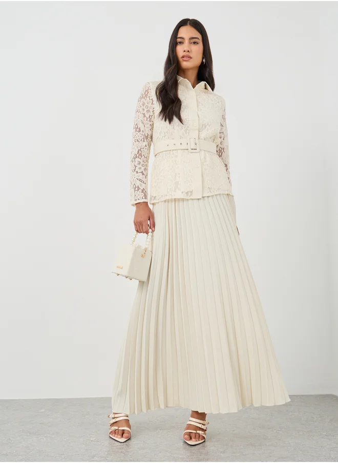 Styli Lace Belted Shirt and Pleated Skirt Co-Ords