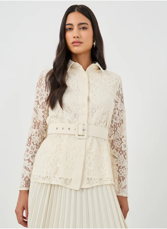 Styli Lace Belted Shirt and Pleated Skirt Co-Ords
