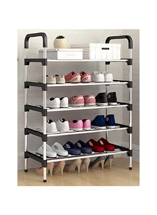 Three Secondz Three Secondz Stainless Steel Shoe Rack Shoe Stand Storage Organizer Shoe Cabinet Durable Portable 5 Layer Black 