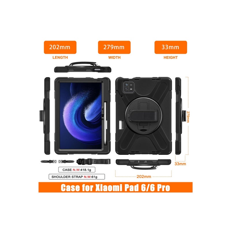 Barakah Rugged Case for Xiaomi Pad 6(11-Inch 2023) , Rotatable Case Kickstand Case ith [360 Rotatable kickstand/Hand Strap] [Shoulder Strap] Hybrid Protective Case for Xiaomi Mi Pad 6/Mi Pad 6 Pro, Black - Image 2