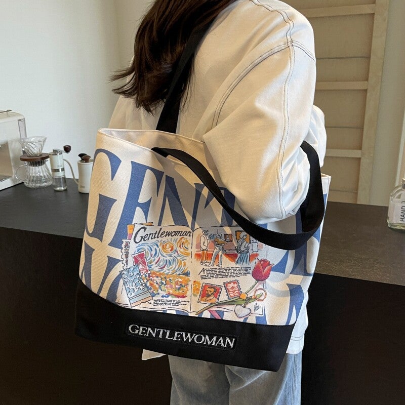Letter Canvas Tote Bag for Women, Summer Casual, Large Capacity, Lightweight Travel Handbag - Image 3