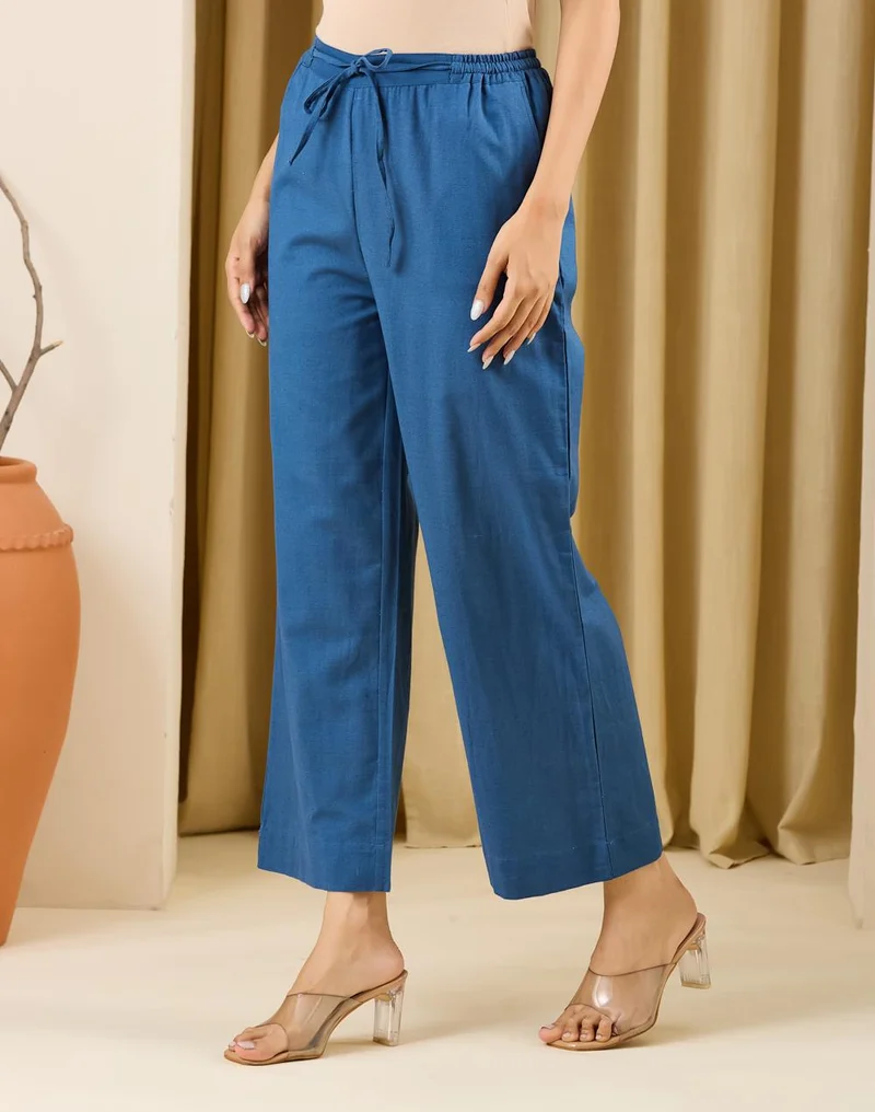 Blue Cotton Linen Casual Pj Pant With Drawstring