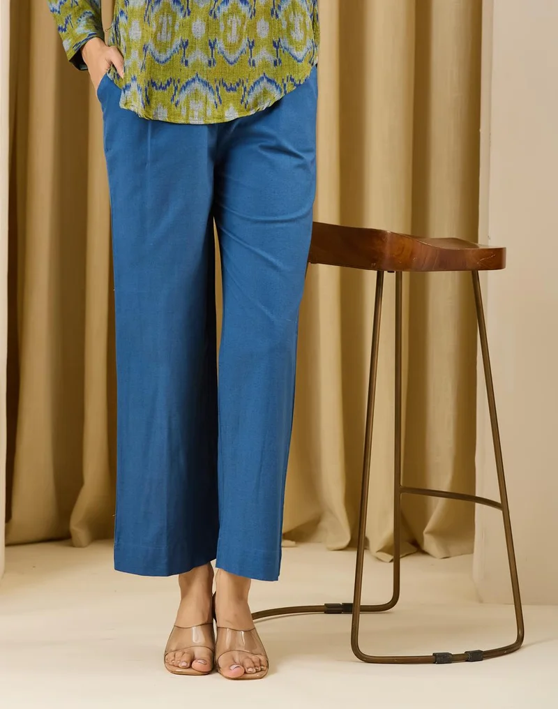 Fabindia  Blue Cotton Linen Casual Pj Pant With Drawstring for Women | Best Price UAE