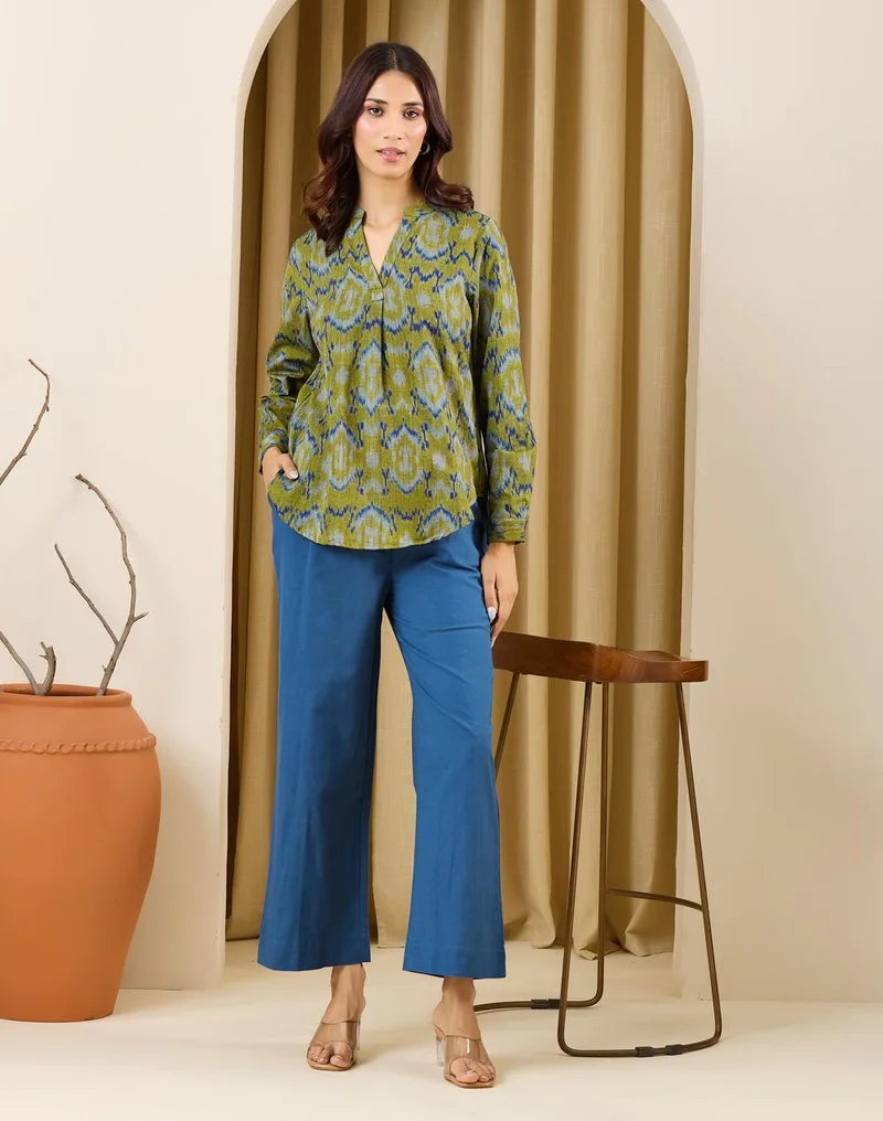 Fabindia  Blue Cotton Linen Casual Pj Pant With Drawstring for Women | Best Price UAE