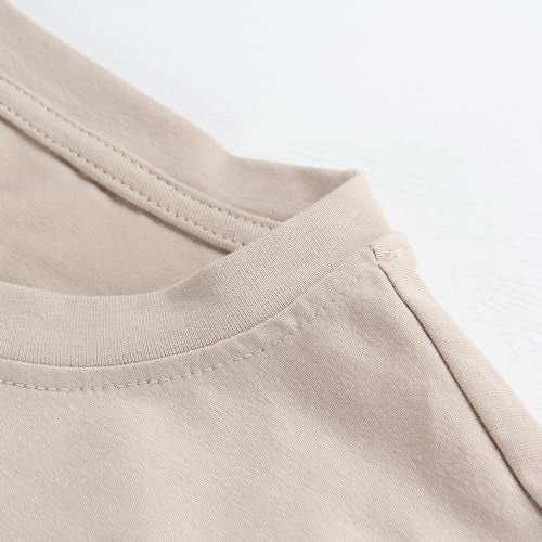 PRIMODA Women's Oversized Workout Cropped T Shirts Crew Neck Short Sleeve Casual Loose Summer Crop Tee Tops Cotton(Beige L) - Image 4