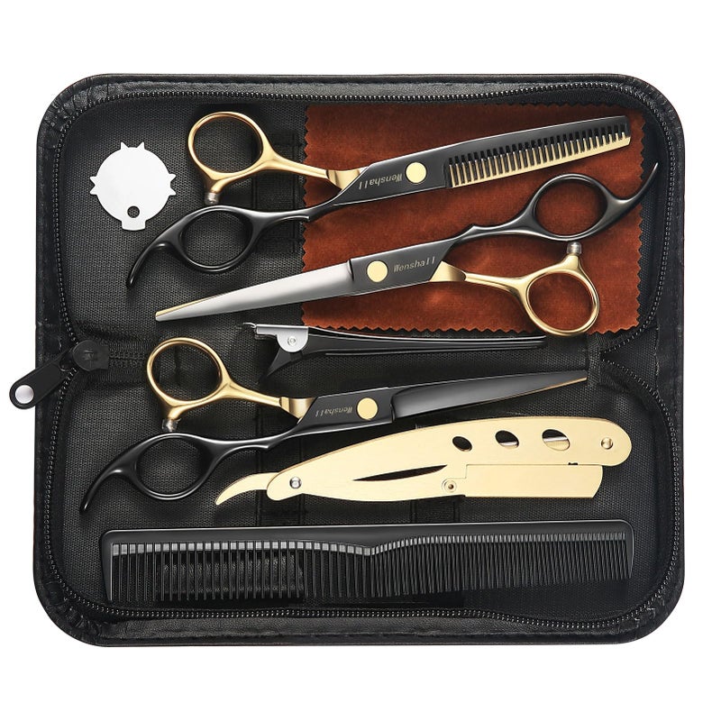 Wenshall Professional Black Gold Hair Scissors 6.89" Teeth Japanese Stainless Steel Multifunctional Salon Thinning Scissors Straight Shears Tools for Men Women Home Salon Barber - Image 1