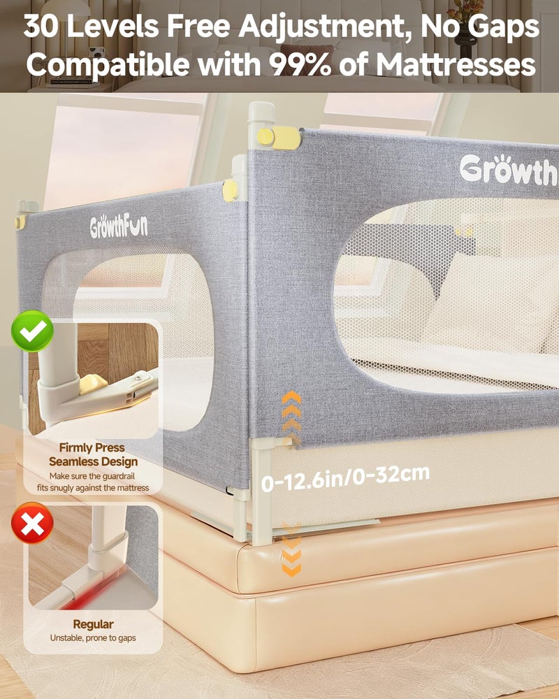 GrowthFun 3-Piece Queen Size Bed Rail for Toddlers, Baby Bed Rail Guard with Height Adjustable Toddlers Bed Rail, Kids Safety Bed Rail for Queen Size Bed (78.7"x78.7"x58.6" - Grey) - Image 3