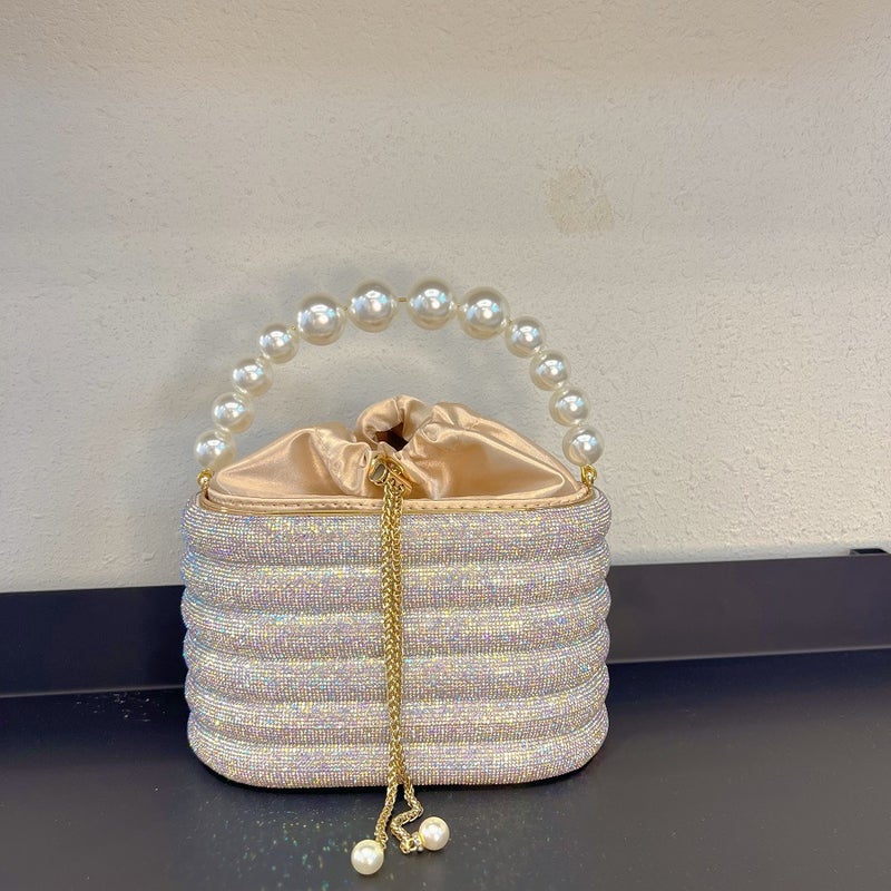 French Glitter Colorblock Rainbow Cage Pearl Silk Bucket Bag Gold [Low Edition]]