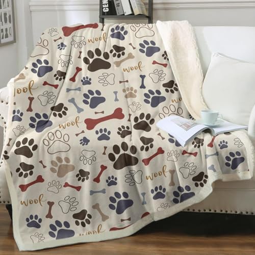Sleepwish Dog Paws and Bones Print Fleece Throw Blanket for Kids Soft Plush Light Yellow Doggy Pug Sherpa Blanket for Couch Chair, Throw (50" X 60") - Image 1
