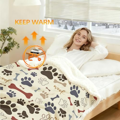 Sleepwish Dog Paws and Bones Print Fleece Throw Blanket for Kids Soft Plush Light Yellow Doggy Pug Sherpa Blanket for Couch Chair, Throw (50" X 60") - Image 3