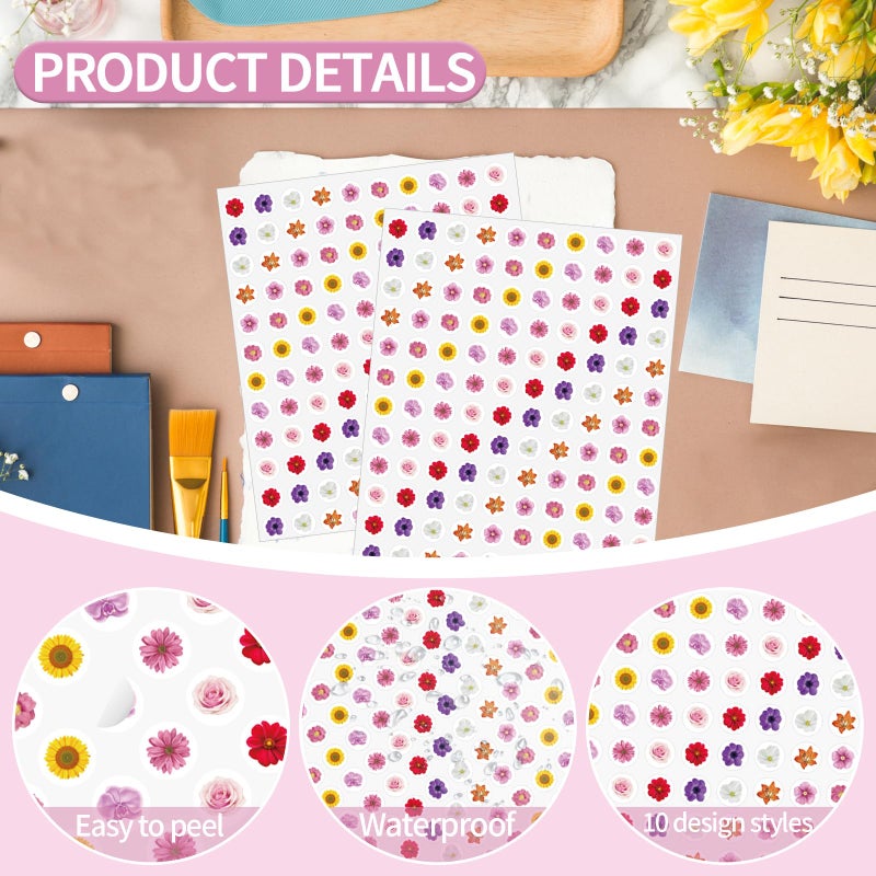 WANGHENG 2400 Pcs Small Stickers for Kids,Pink and Purple Mini Flower Stickers,10 Cute Designs Adhesive Sticker for Party Envelopes Scrapbook Gifts DIY Supplies,0.5inï¼ˆFlowerï¼‰ - Image 3