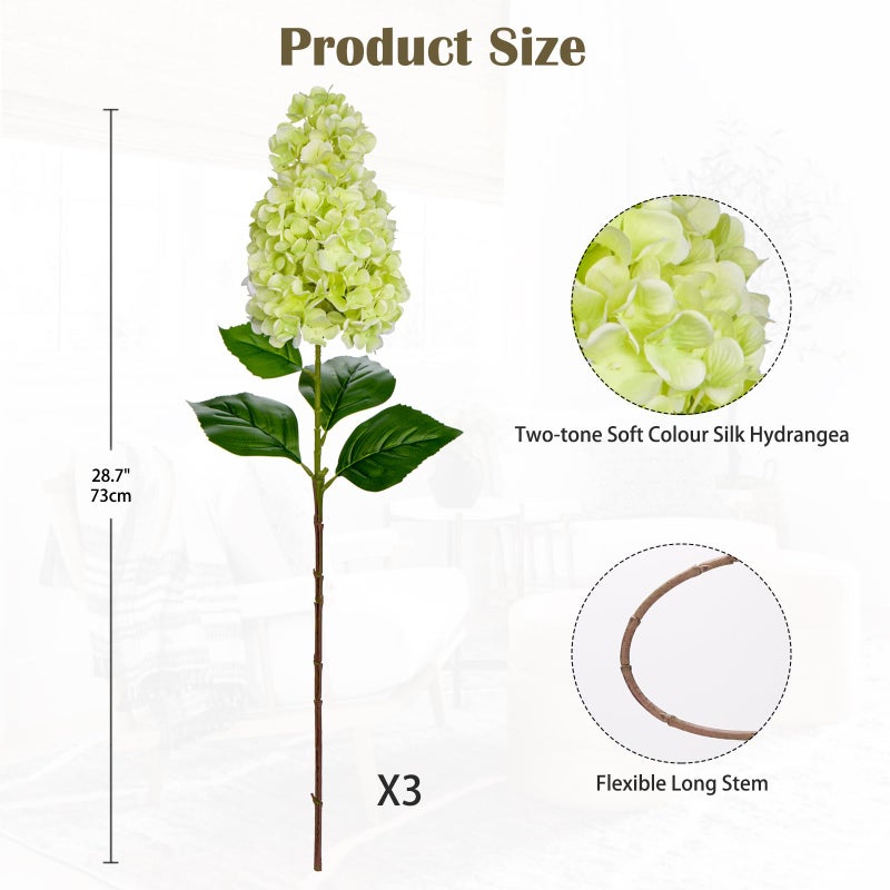 Arborus 3PCS Fake Flowers Hydrangea Artificial Flowers 28" Long Stem Green Faux Flowers for Vase, Real Touch Silk Flowers DÃ©cor for Floral Arrangement Home Farmhouse Office Hotel Decoration - Image 2