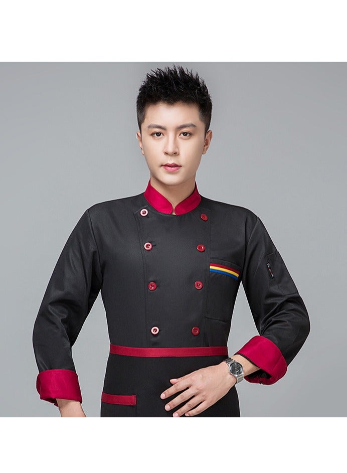 Loquat Chef Uniform Long Sleeve Double-Breasted Stand Collar Waiter T-shirt Black - Image 1