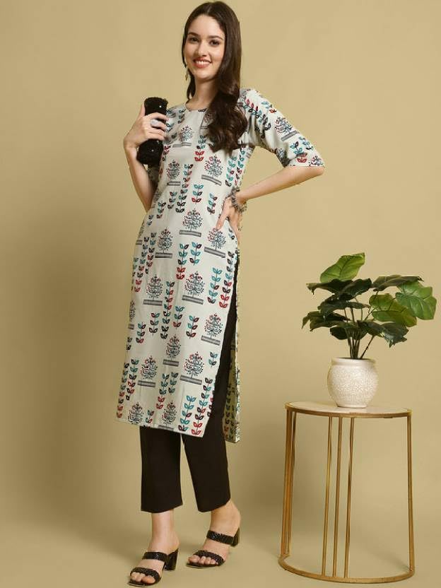 PATLANI Women's A-Line-Calf langth Half Sleeve Crepe Kurti. Grey - Image 2