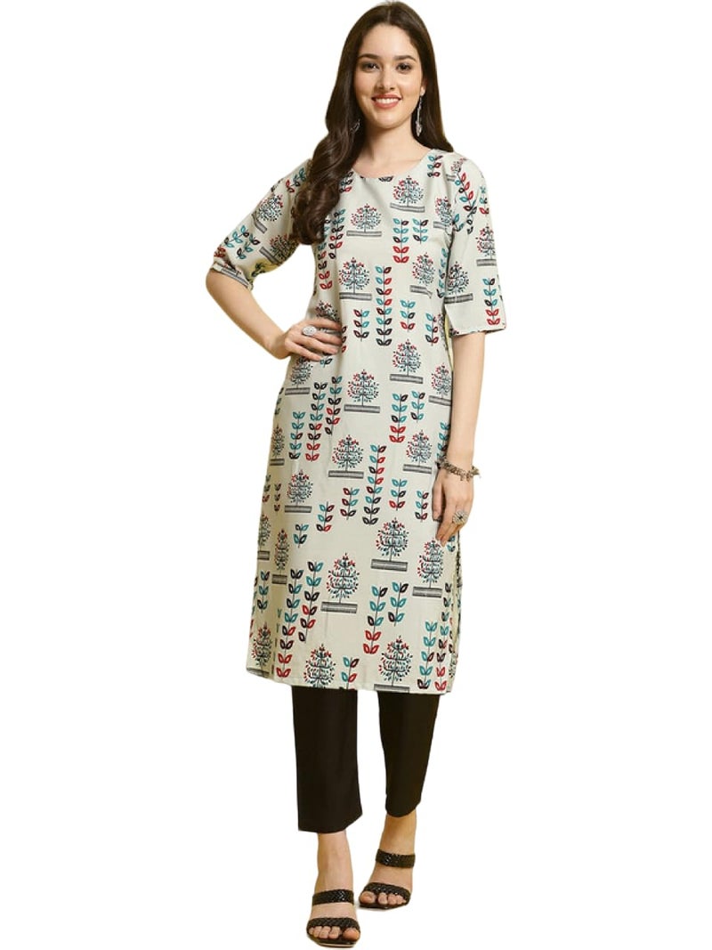 PATLANI Women's A-Line-Calf langth Half Sleeve Crepe Kurti. Grey - Image 1