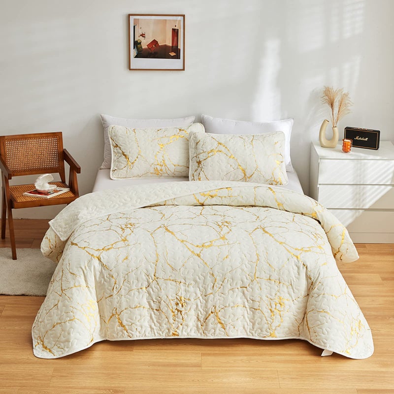 HAVOP Bedspread King Size Set Beige Quilted Bedspreads Luxury Gold Marble Printed Beige Ivory Soft Microfiber Lightweight Bedspread Coverlet All Season Bedding Set 1 Quilt 2 Pillowcases
