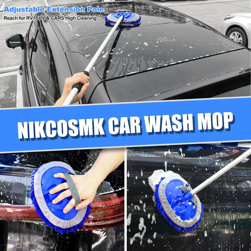 NIKCOSMK 62'' Car Wash Brush with Long Handle, Car Wash Kit with Tire Brush, Tower, Window Squeegee, Chenille Microfiber Car Wash Mop Mitt, Car Cleaning Brush Kit Supplies for Car, Truck, SUV, RV - Image 3