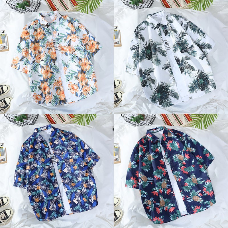 Floral Shirts For Men And Women, Short-Sleeved Retro Korean Style Handsome Printed Hong Kong Style Seaside Trendy Hawaiian Beach Shirts - Image 5